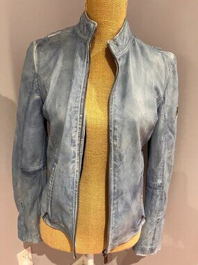 MAURITIUS Women’s Sofia 100% Lambskin Leather Moto Jacket Distressed Ice Blue